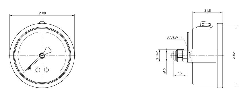 63mm panotip gliserinli manometre teknik çizim boyutları